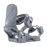 Arbor Women's Acacia Bindings - A pair of gray snowboard bindings with a white logo on the left binding featuring an abstract plant design.