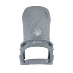 Arbor Women's Acacia Bindings - A gray snowboard binding with a white logo featuring three leaves arranged in a triangular shape, positioned at the top center of the baseplate.