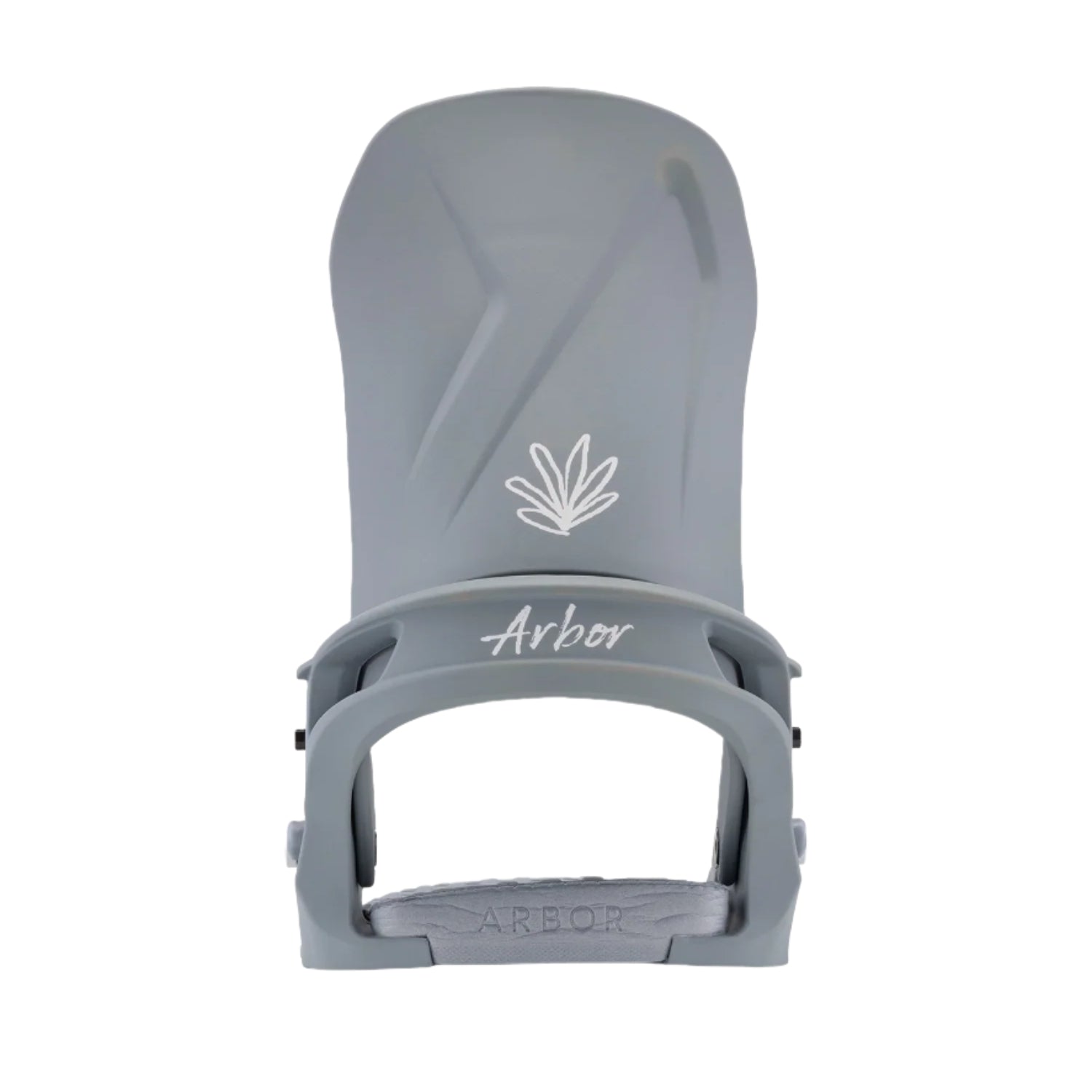 Arbor Women's Acacia Bindings - A gray snowboard binding with a white logo featuring three leaves arranged in a triangular shape, positioned at the top center of the baseplate.