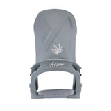 Arbor Women's Acacia Bindings - A gray snowboard binding with a white logo featuring three leaves arranged in a triangular shape, positioned at the top center of the baseplate.
