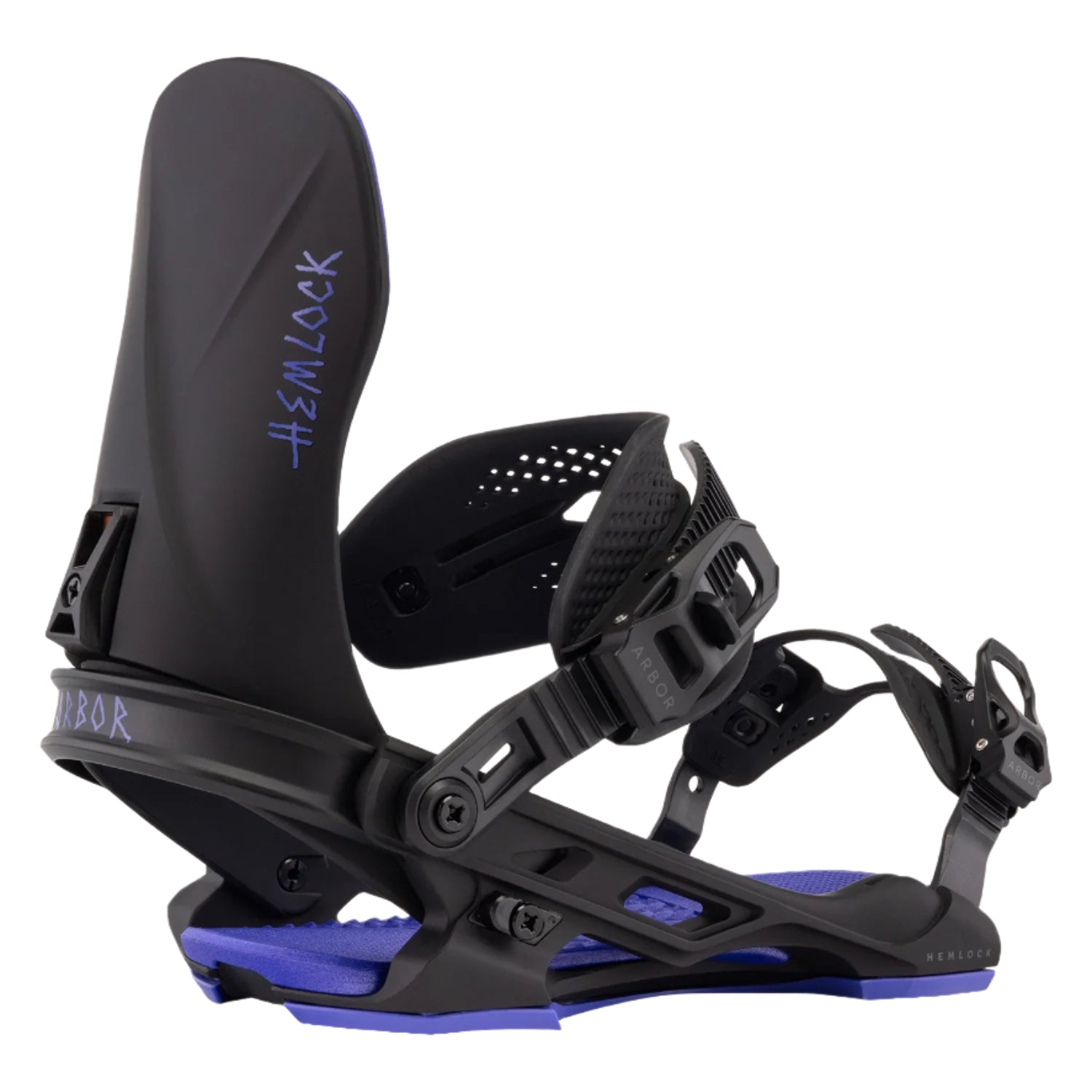 Arbor Hemlock Bindings 2026 - Black bindings with purple accents on straps and baseplate.
