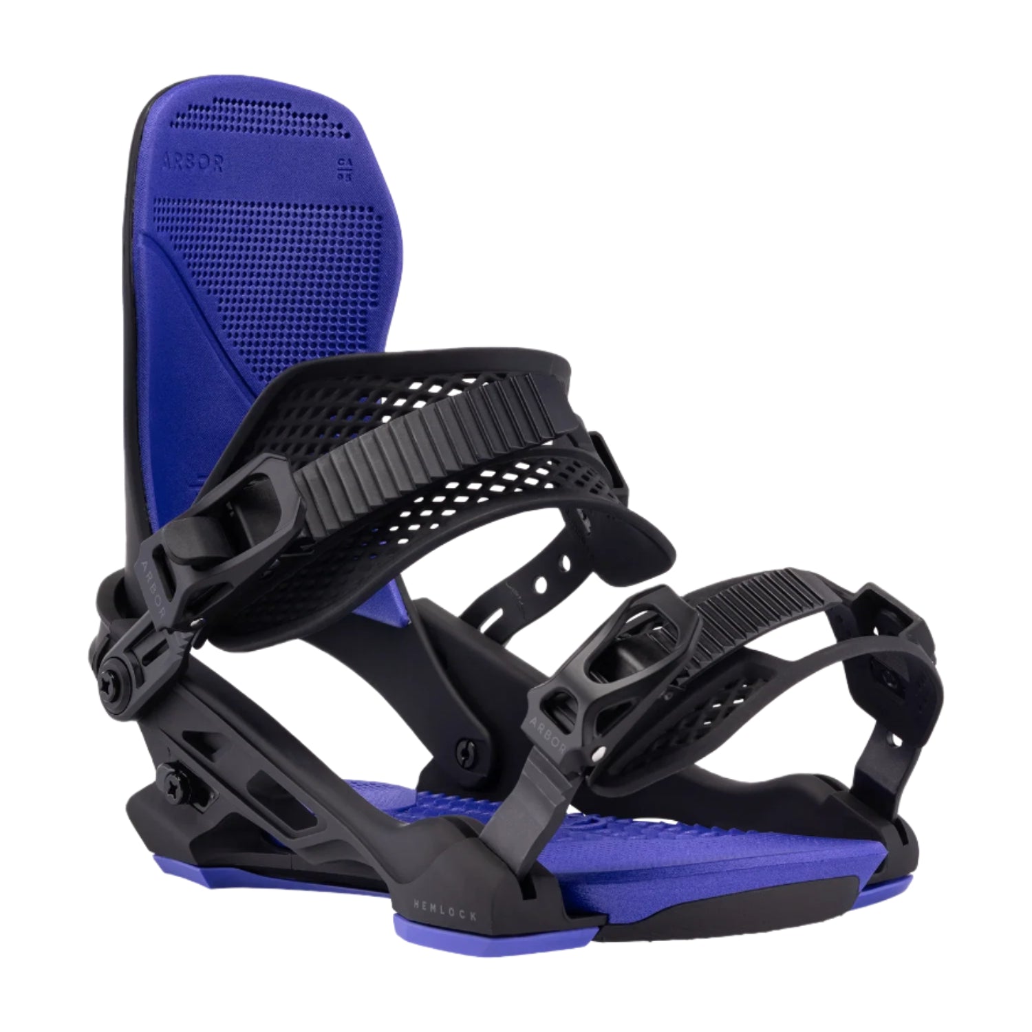 Arbor Hemlock Bindings 2026 - Black bindings with blue accents on the straps and baseplate.