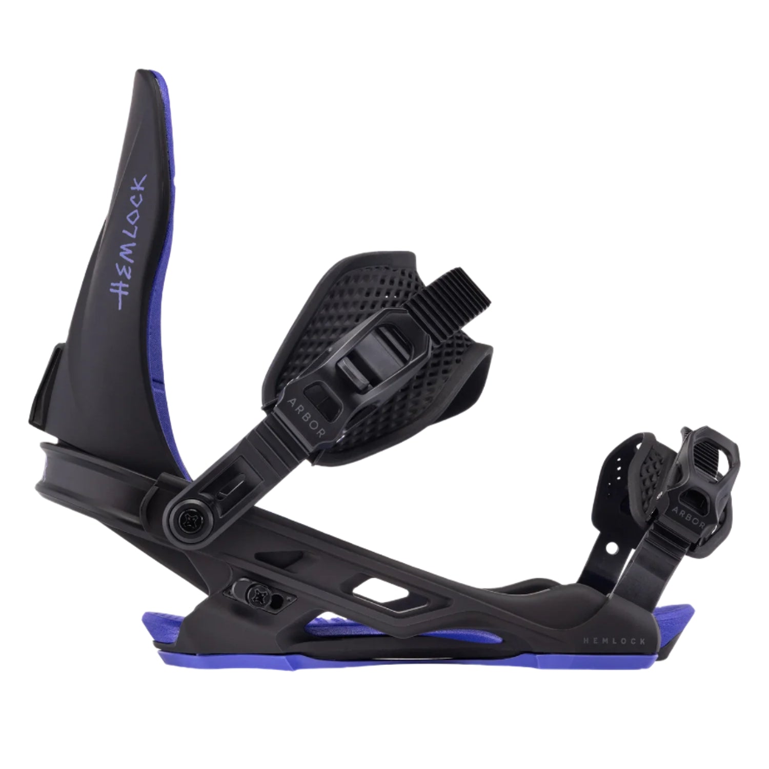 Arbor Hemlock Bindings 2026 - Black bindings with purple accents on the straps and baseplate.