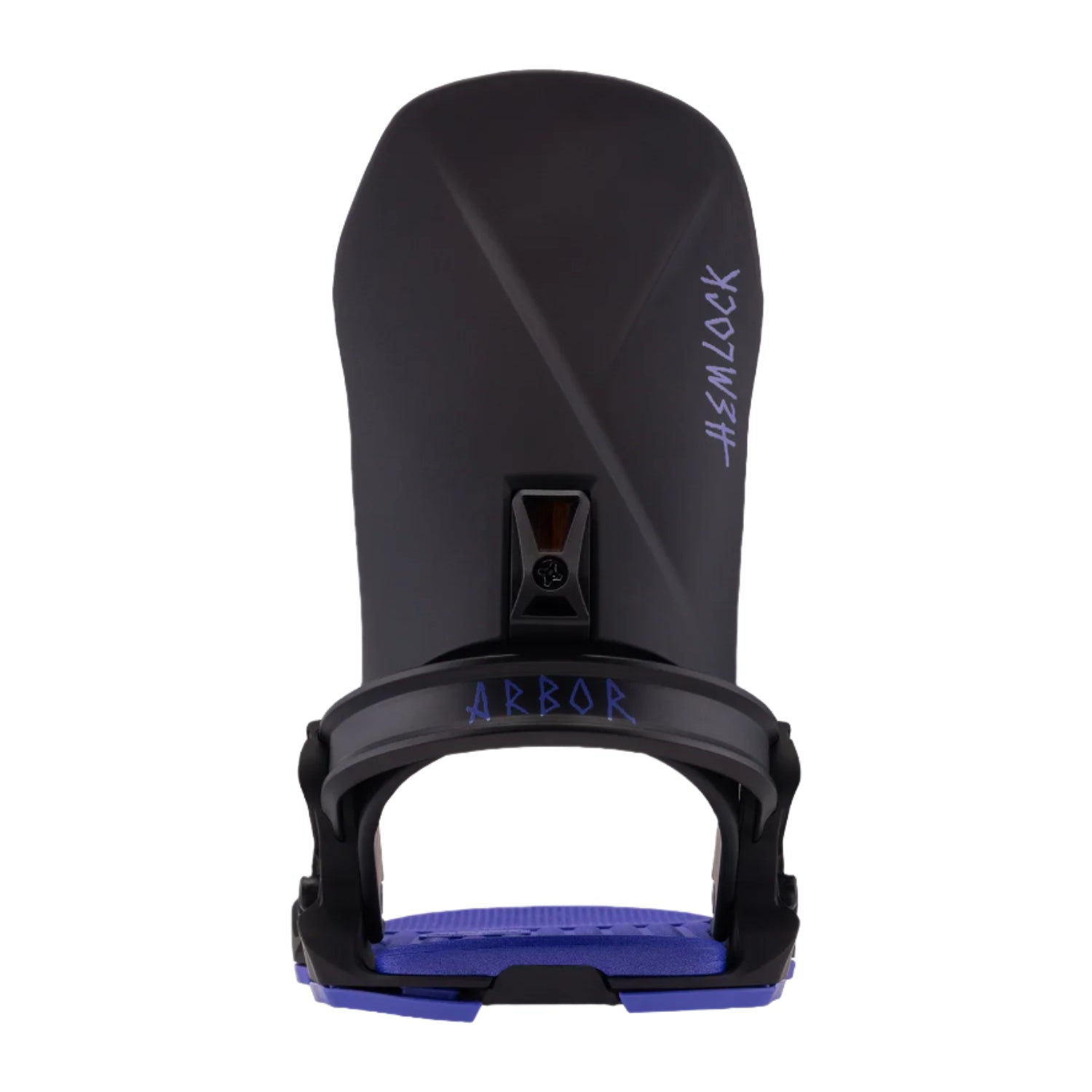 Arbor Hemlock Bindings 2026 - Black bindings with a distinctive blue logo on the top strap and a small black dial in the center of the baseplate.