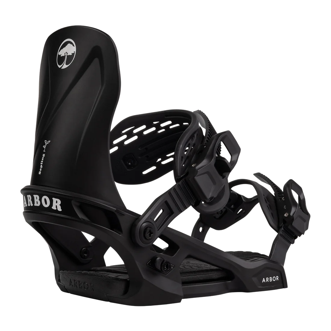 Arbor Junior's Sapling Snowboard Binding - A black snowboard binding with a white logo featuring a tree and the word "Sapling" on the strap.