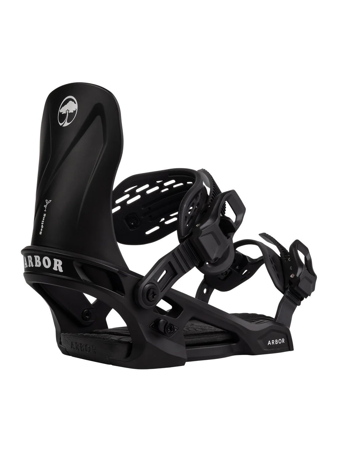 Arbor Junior's Sapling Snowboard Binding - A black snowboard binding with a white logo featuring a tree and the word "Sapling" on the strap.