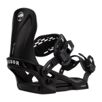 Arbor Junior's Sapling Snowboard Binding - A black snowboard binding with a white logo featuring a tree and the word "Sapling" on the strap.