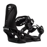 Arbor Junior's Sapling Snowboard Binding - A black snowboard binding with a white logo featuring a tree and the word "Sapling" on the strap.