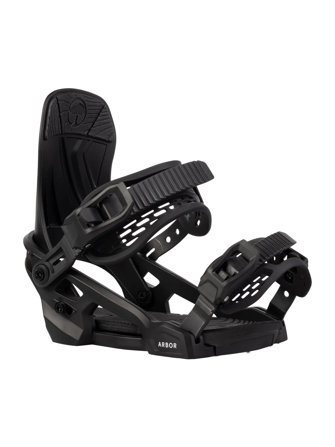 Arbor Junior's Sapling Snowboard Binding 2025 - A black snowboard binding with a textured strap and a circular logo on the top of the footbed.