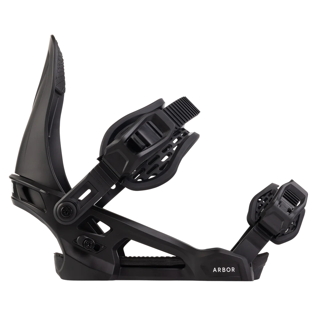 Arbor Junior's Sapling Snowboard Binding 2025 - A black snowboard binding with a sleek, modern design and adjustable straps.