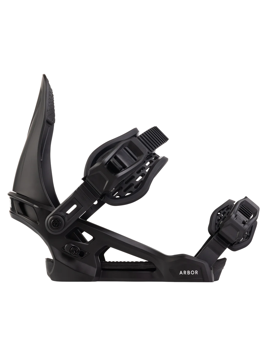 Arbor Junior's Sapling Snowboard Binding 2025 - A black snowboard binding with a sleek, modern design and adjustable straps.