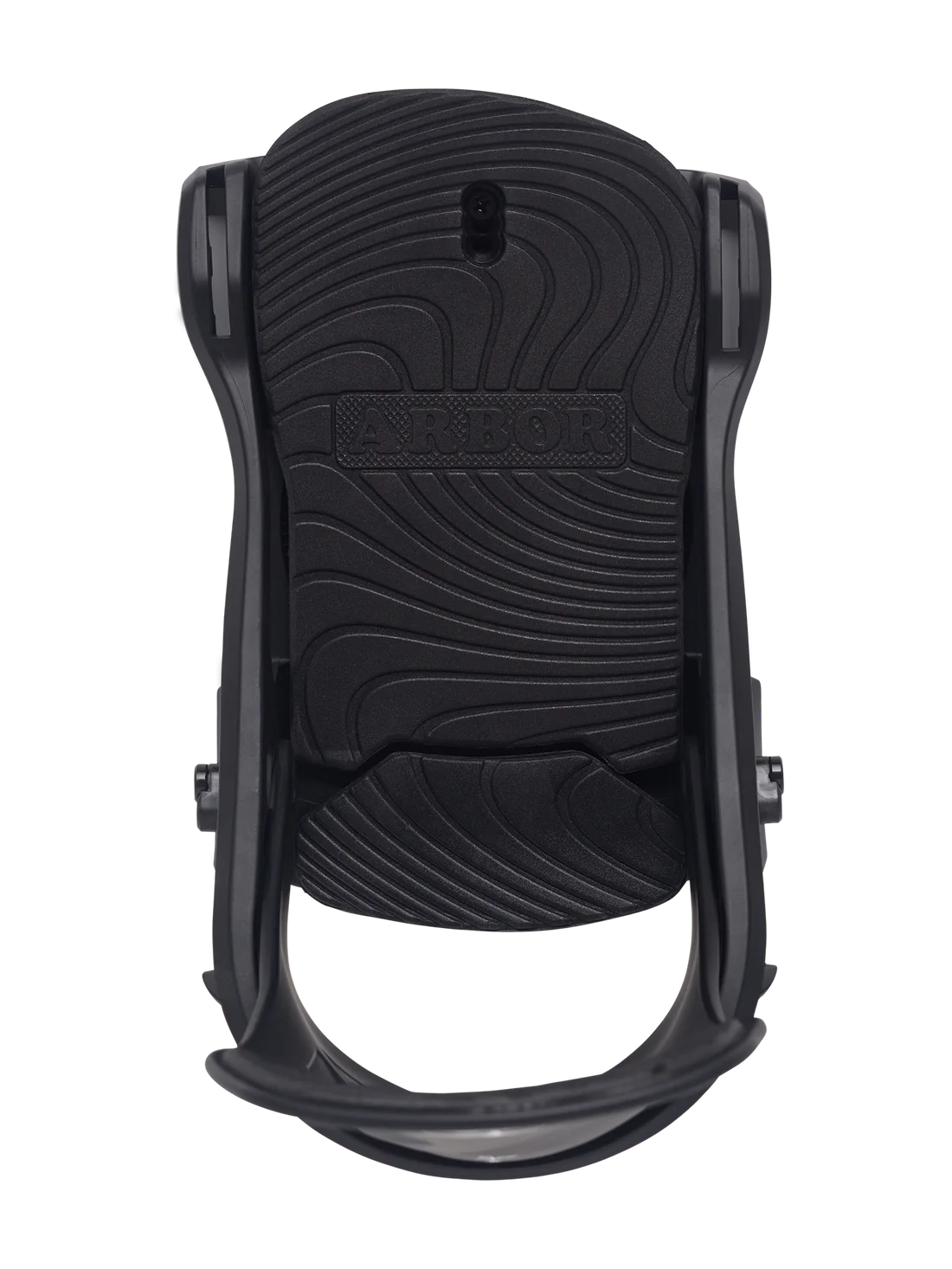 Arbor Junior's Sapling Snowboard Binding - A black snowboard binding with a textured strap and a small, rectangular logo on top.
