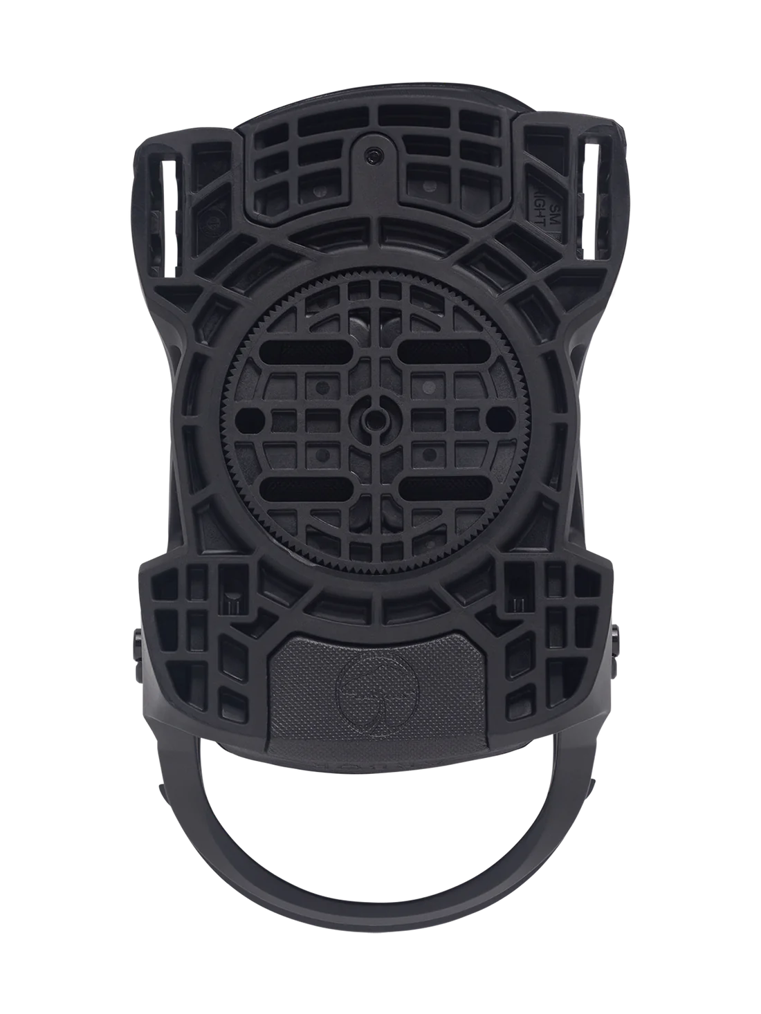 Arbor Junior's Sapling Snowboard Binding 2025 - A black snowboard binding with a circular baseplate and four straps, featuring a small logo on the top strap.