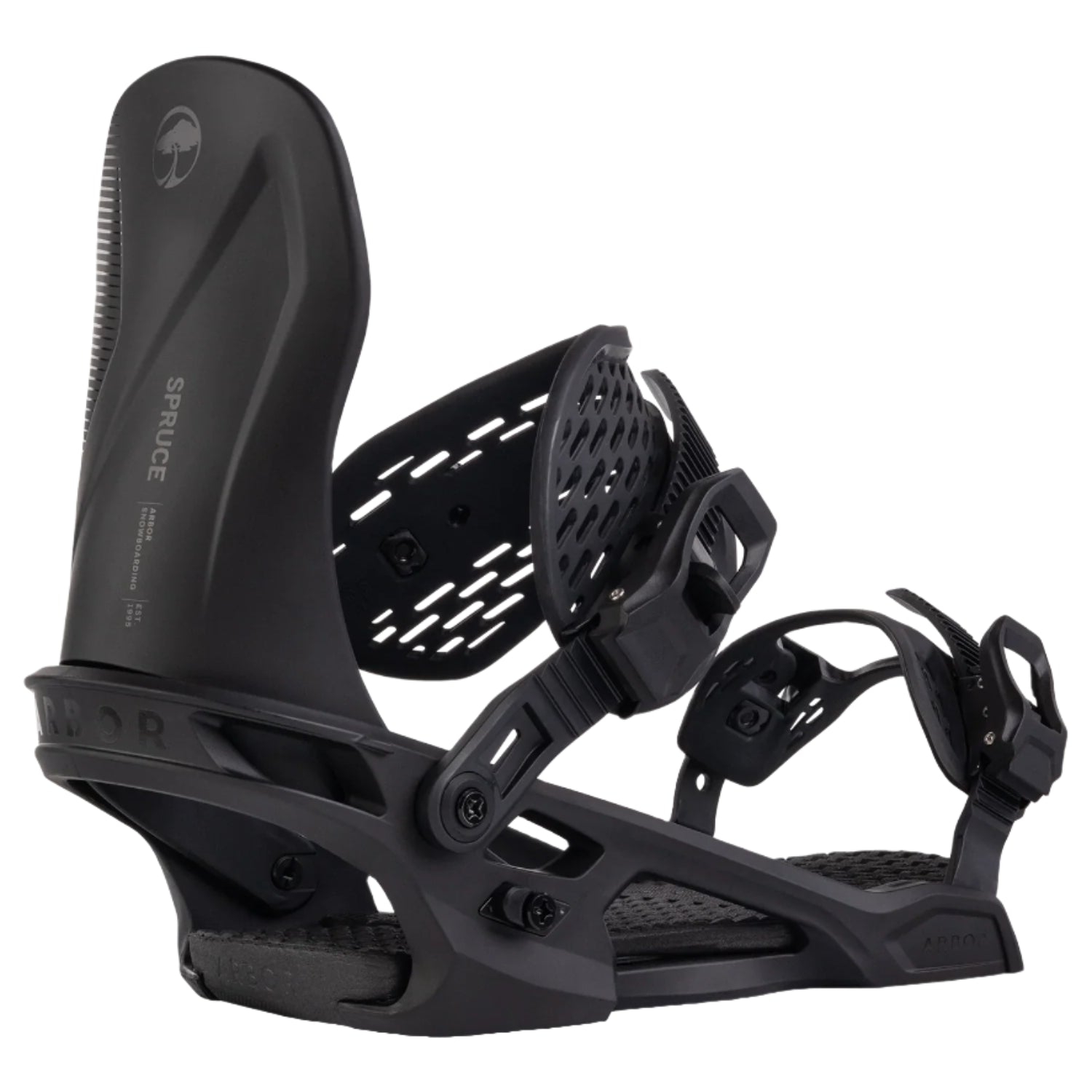 Arbor Spruce Bindings 2026 - Black bindings with a textured strap on the right side and a smooth strap on the left.