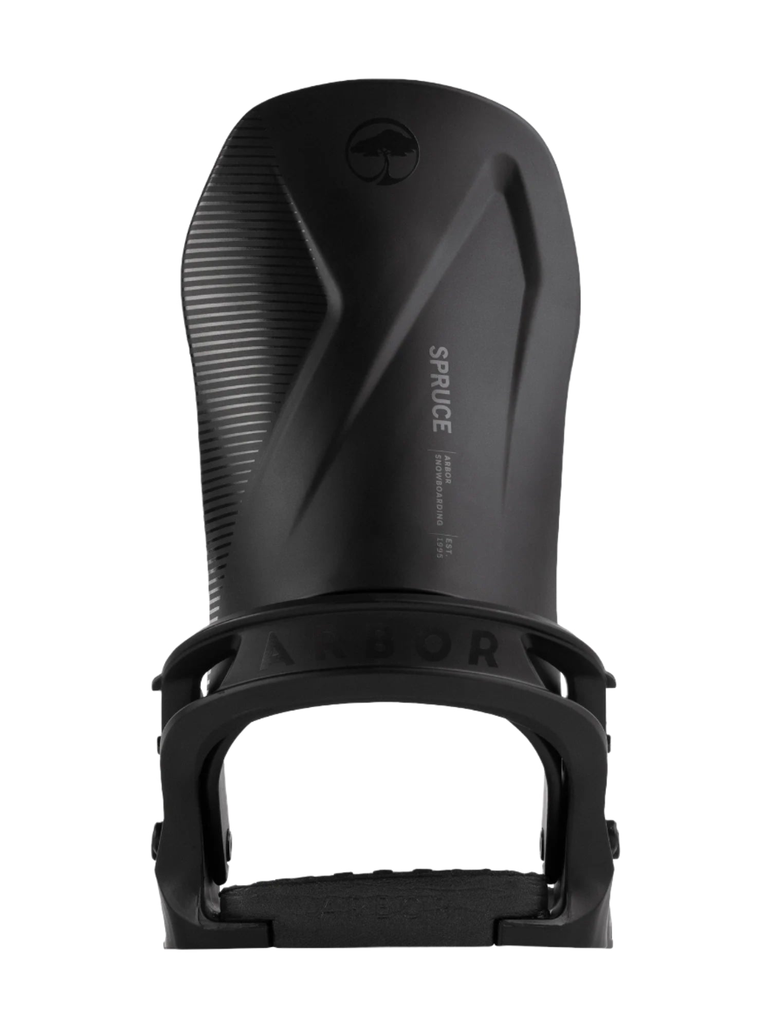 Arbor Spruce Bindings 2026 - Black bindings with a textured pattern on the straps and a small Arbor logo at the top.
