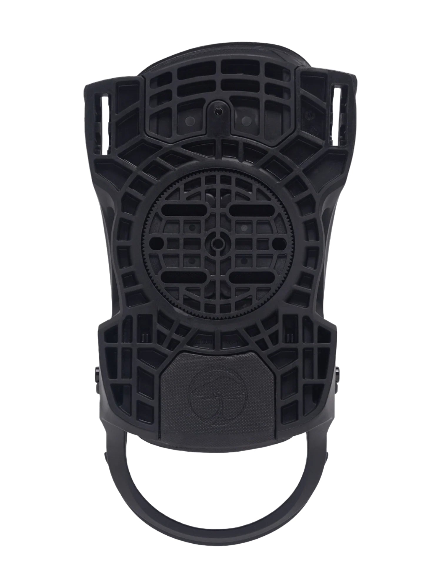 Arbor Spruce Bindings 2026 - Black bindings with a circular logo on the top strap and a textured pattern on the baseplate.