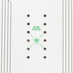 Sims ATV Snowboard 2025 - White snowboard with black binding hardware and a green logo on top.