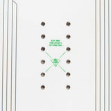 Sims ATV Snowboard 2025 - White snowboard with black binding hardware and a green logo on top.