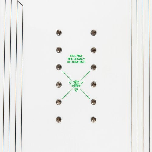 Sims ATV Snowboard 2025 - White snowboard with black binding hardware and a green logo on top.