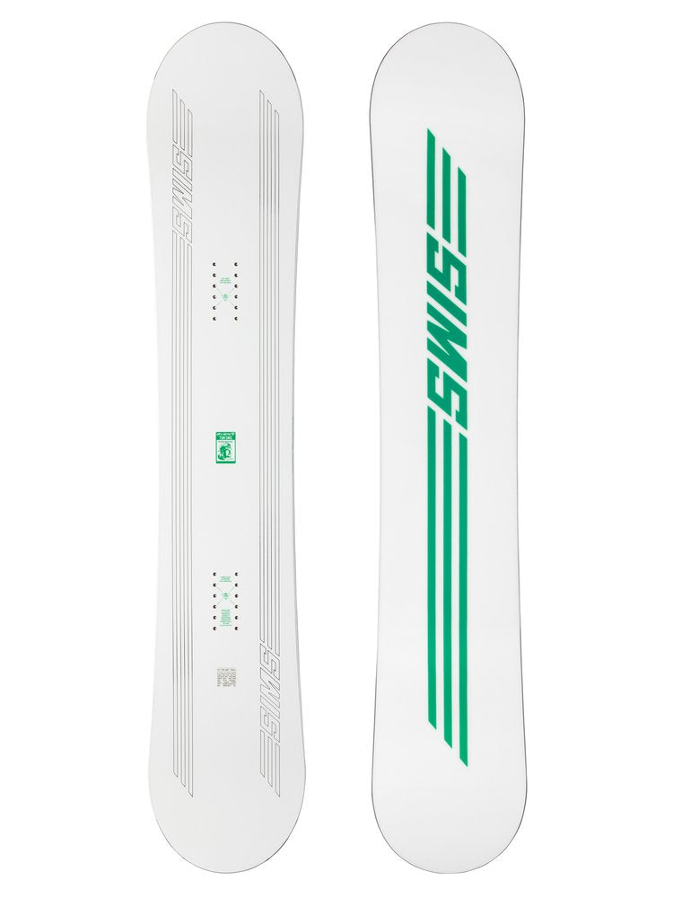 Sims ATV Snowboard 2025 - White snowboard with green logo on top.