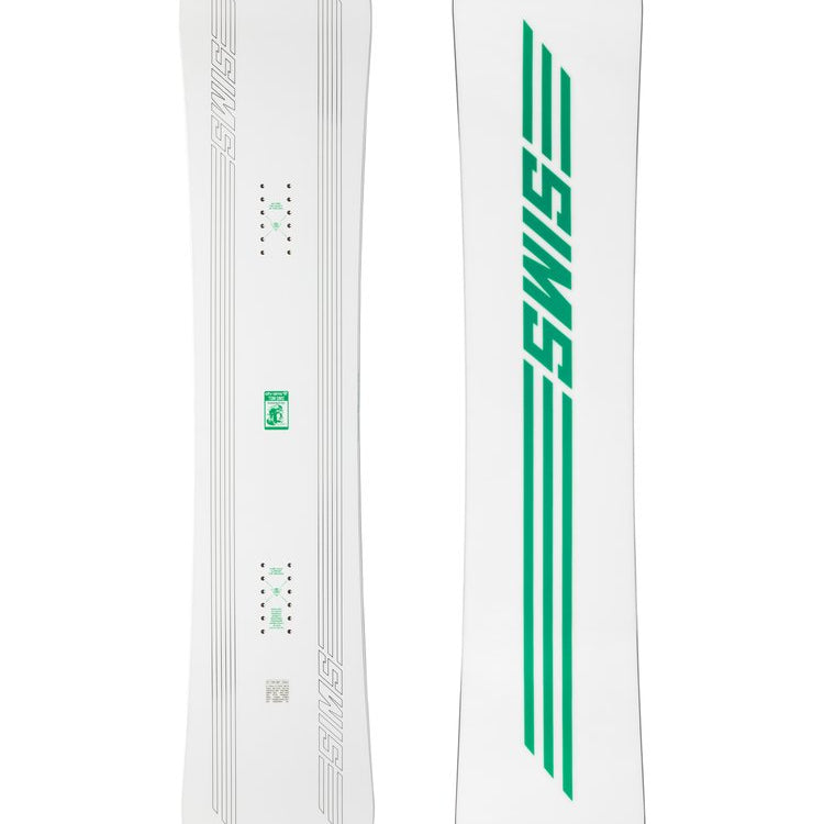 Sims ATV Snowboard 2025 - White snowboard with green logo on top.