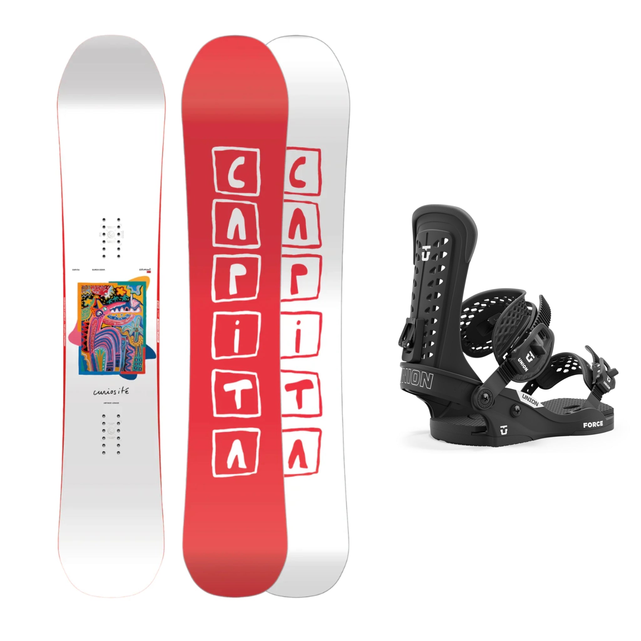 CAPiTA Aeronaut Snowboard with Union Force Snowboard Bindings 2025 - White snowboard with colorful abstract design on top sheet, black bindings with white text and logos.