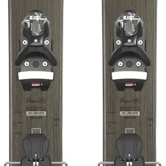 Rossignol Sender 104 Ti with NX 12 Bindings 2024 - A pair of skis with a dark brown wood grain pattern on the tops and black bindings.