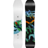 The Yes brand All-Out snowboard from 2025 has a black top sheet with green and orange abstract design, featuring a twin tip shape.