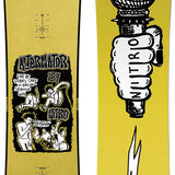 Yellow snowboard with graphic design of a microphone and fist, featuring text and illustrations.