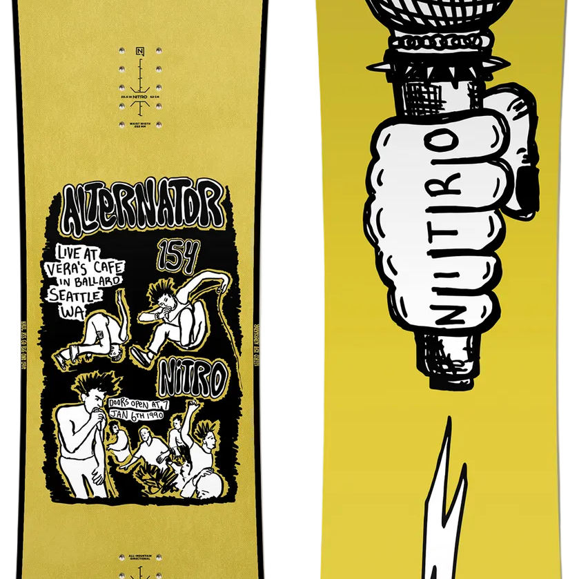 Yellow snowboard with graphic design of a microphone and fist, featuring text and illustrations.