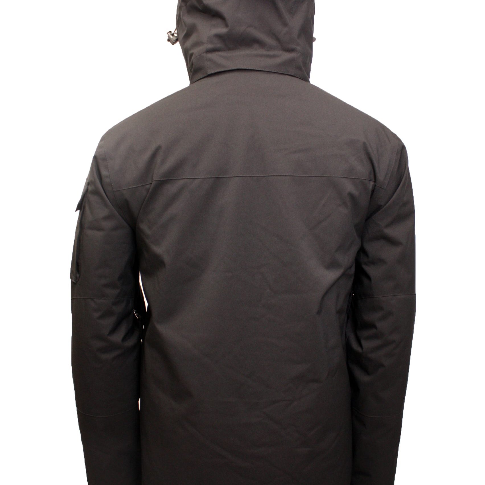 Turbine Altitude Insulated Jacket - A dark gray jacket with a hood, featuring a zippered chest pocket and adjustable cuffs.