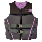 Hyperlite Women's Ambition CGA Wake Vest - A black vest with a zipper down the front and two gray buckles on the back, featuring a white logo patch on the upper right side.