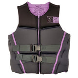 Hyperlite Women's Ambition CGA Wake Vest - A black vest with a zipper down the front and two gray buckles on the back, featuring a white logo patch on the upper right side.