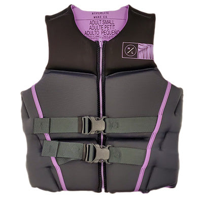 Hyperlite Women's Ambition CGA Wake Vest - A black vest with a zipper down the front and two gray buckles on the back, featuring a white logo patch on the upper right side.