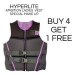 Hyperlite Women's Ambition CGA Wake Vest - A black vest with a white logo on the upper right side, featuring a zipper down the front and two gray buckles in the middle.