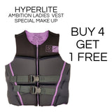 Hyperlite Women's Ambition CGA Wake Vest - A black vest with a white logo on the upper right side, featuring a zipper down the front and two gray buckles in the middle.