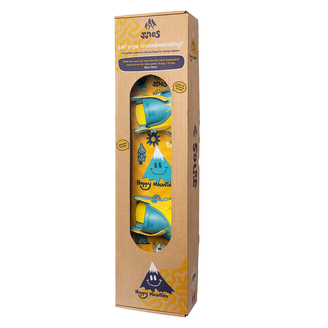 kids ride snowboard Jones Kids Happy Mountain Package 2026 – Youth Snowboard & Binding Set – Ski Pro AZ
