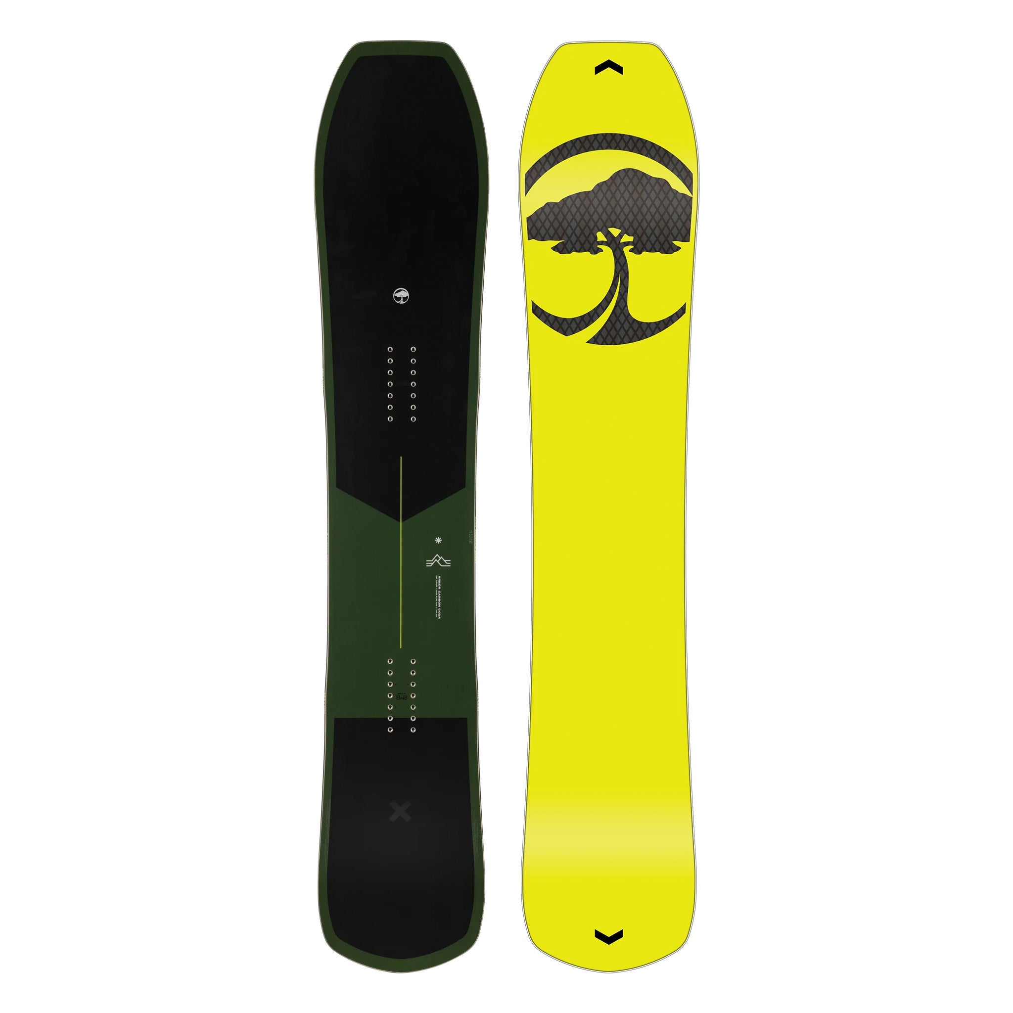 Arbor Carbon Coda Snowboard 2025 - A dark green snowboard with a white logo on top and a black stripe at the bottom.