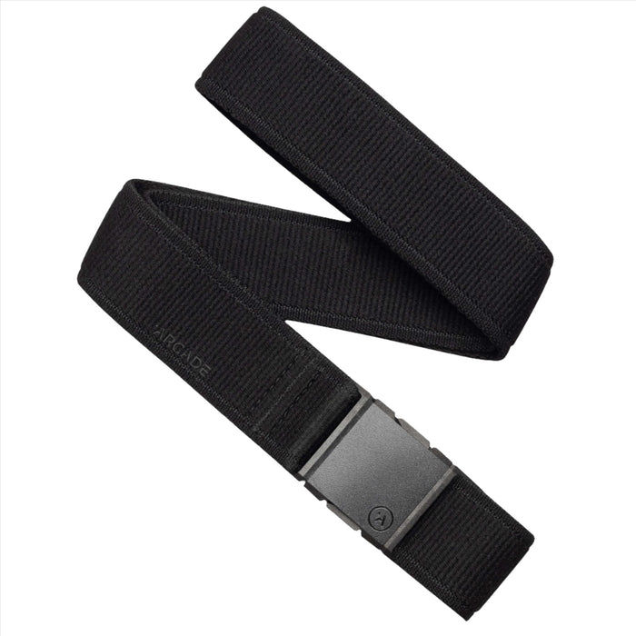 A black belt with a flat design and a rectangular buckle. The belt appears to be made of a durable fabric material.