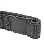 Side view of a heather black belt buckle, showing the thick, sturdy fabric and the mechanism of the buckle.