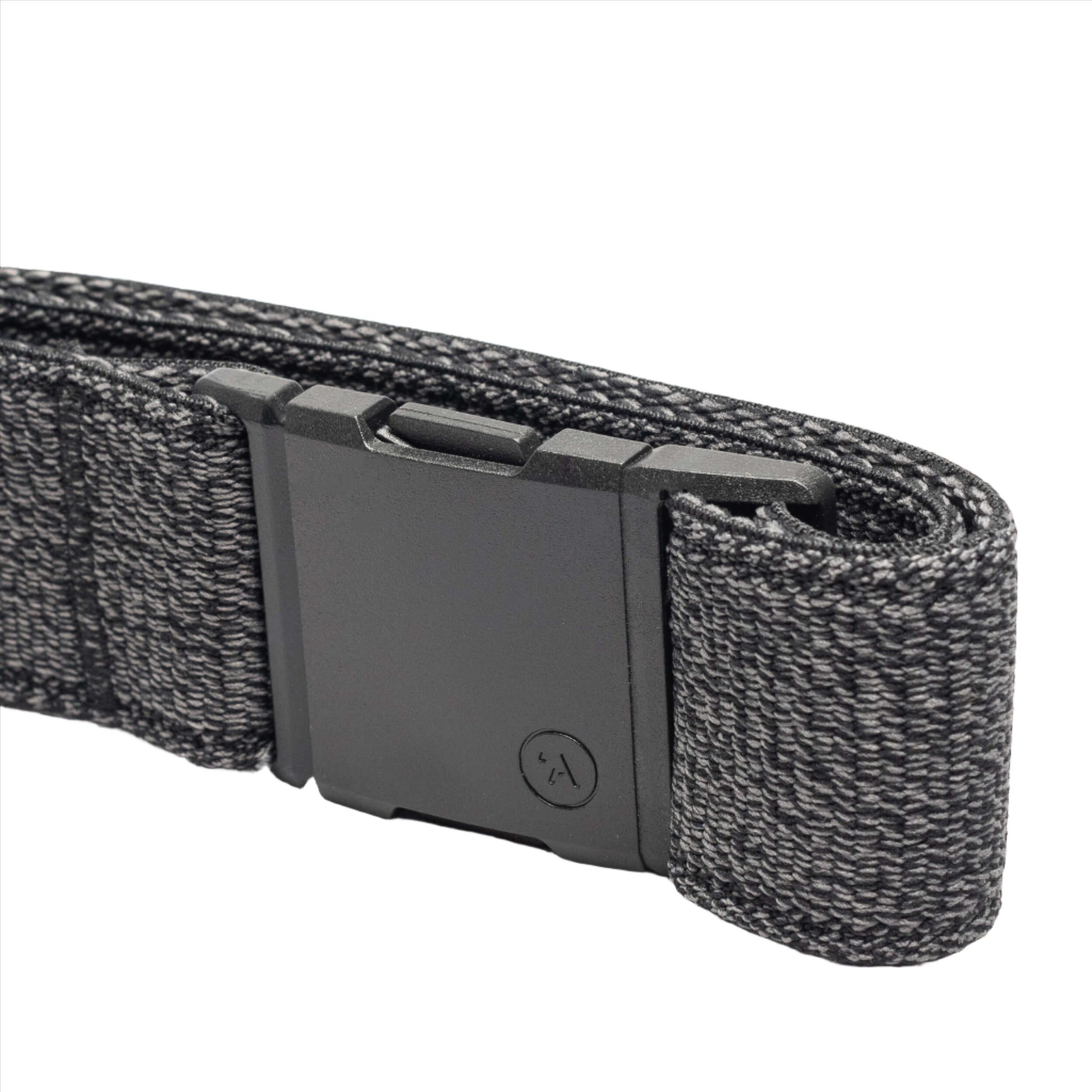 Side view of a heather black belt buckle, showing the thick, sturdy fabric and the mechanism of the buckle.