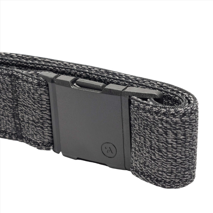 Side view of a heather black belt buckle, showing the thick, sturdy fabric and the mechanism of the buckle.