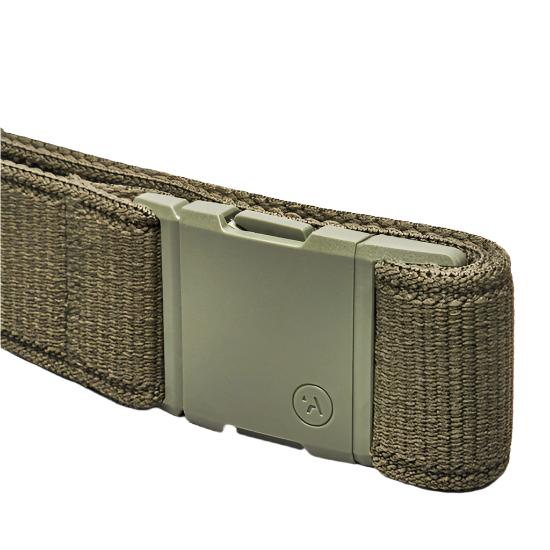 Arcade Atlas Stretch Belt 2025 - Olive green woven belt with a rectangular metal buckle and stretchy material.