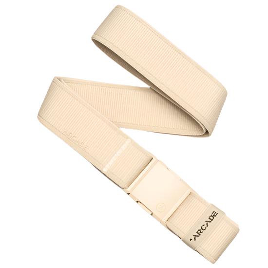 Arcade Atlas Stretch Belt 2025 - Beige belt with a subtle ribbed texture and a small, circular metal buckle.
