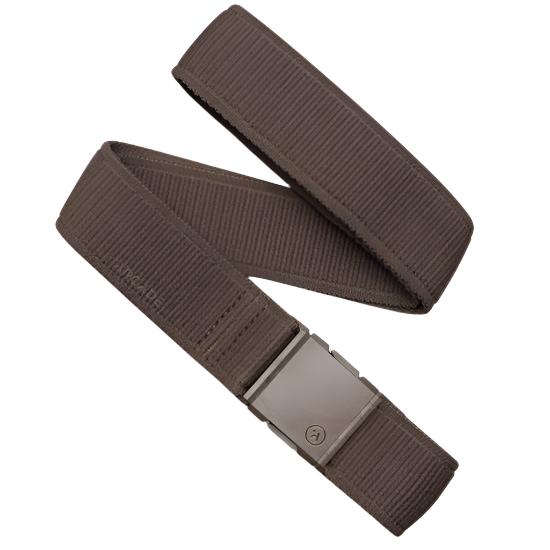 Arcade Atlas Stretch Belt 2025 - Brown belt with a textured pattern of diagonal lines and a small circular logo on the buckle.
