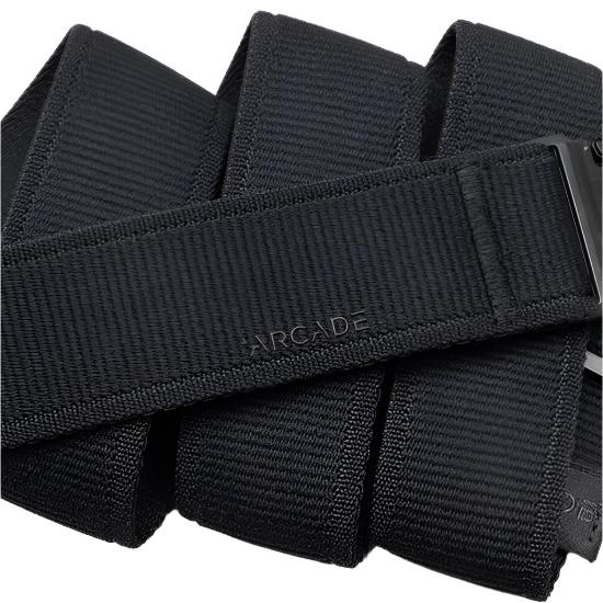 Arcade Atlas Stretch Belt Long - Black belt with a subtle grid pattern on the strap and a black buckle.