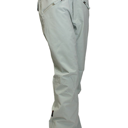Turbine Women's Aura II Shell Pant - A pair of light gray snow pants with a zippered pocket on the right thigh and two zippered pockets at the back.