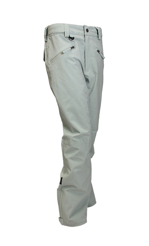 Turbine Women's Aura II Shell Pant - A pair of light gray snow pants with a zippered pocket on the right thigh and two zippered pockets at the back.