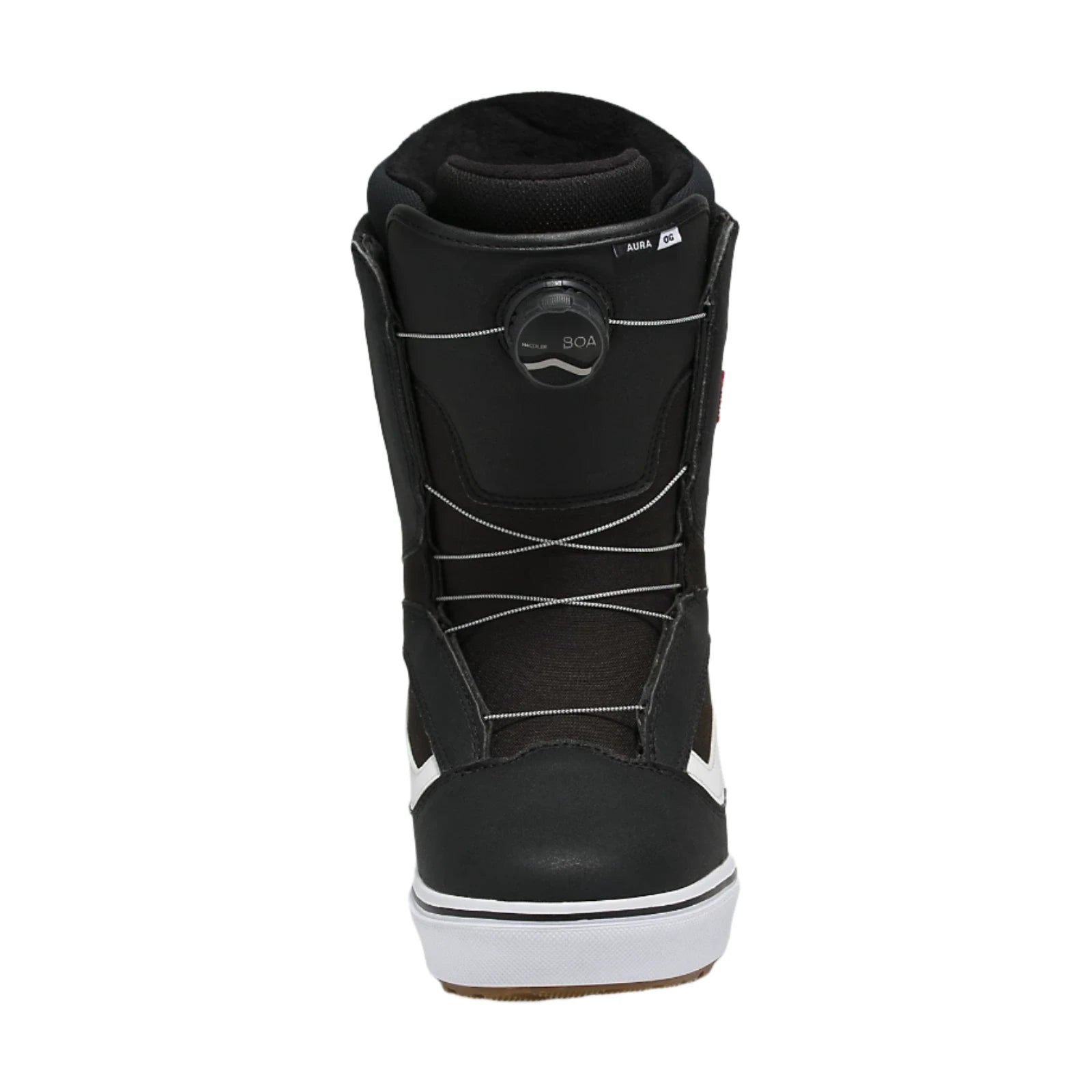 Vans Men's Aura OG Snowboard Boot 2025 - Black snowboard boot with white accents and a round BOA logo on the side.