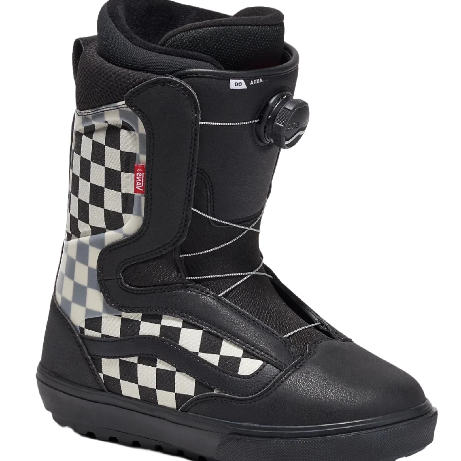 Vans Men's Aura OG Snowboard Boot 2025 - Black snowboard boot with a checkered pattern on the side and black laces.
